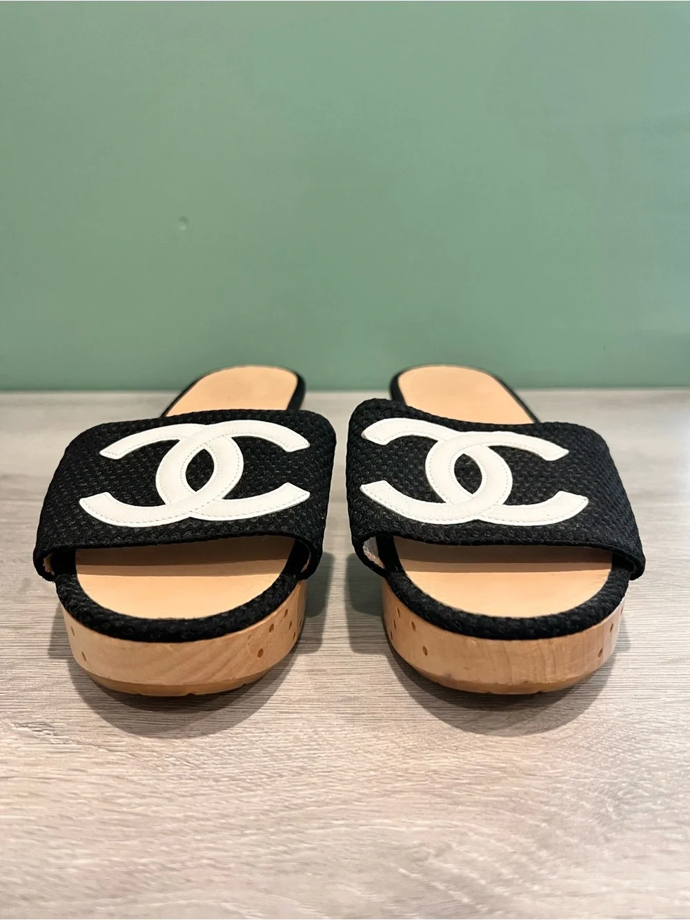 CHANEL Black Slide Mule with White CC Accent Wood Platform Clogs